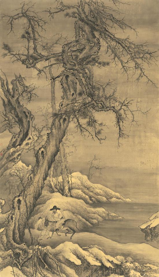 《雪山归猎》  180cm×103cm 绢本水墨 2013年